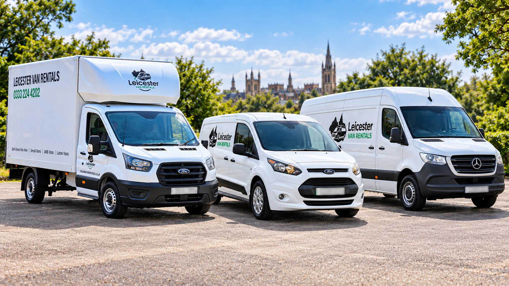 Leicester Van Rentals fleet showing a Luton van, small van and long wheelbase van parked together in Leicester.