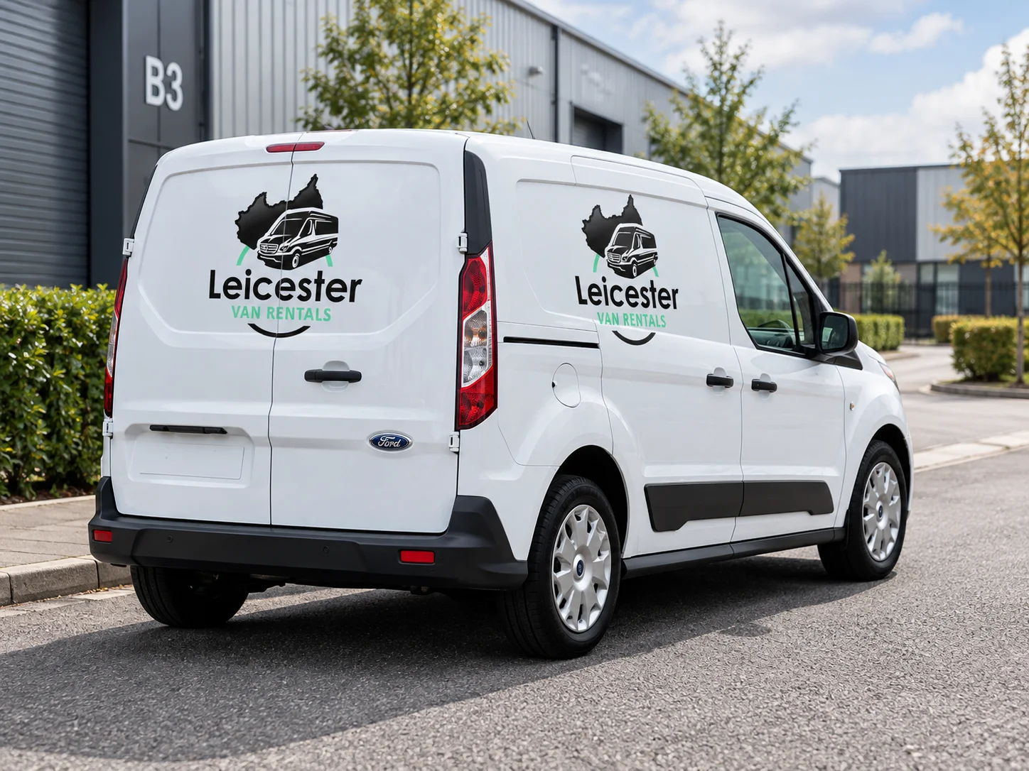 Branded Leicester Van Rentals small van shown from the front three-quarter angle on a white background.