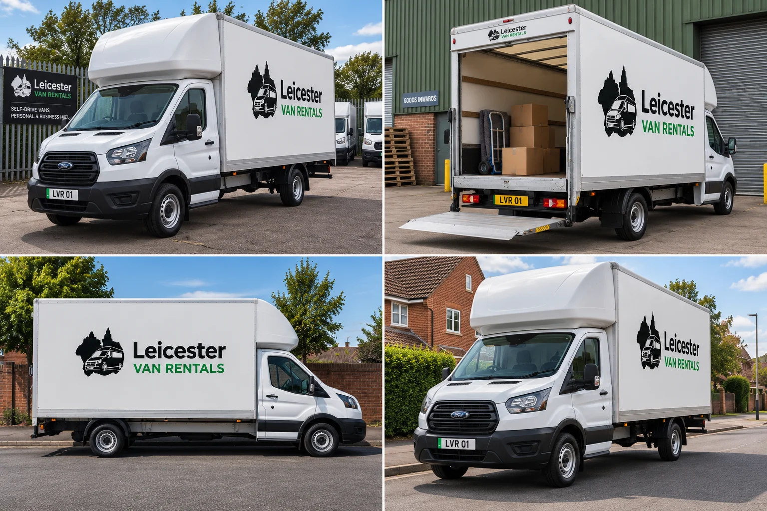 Leicester Van Rentals Luton van shown in four different views including front, side, rear loading and residential weekend hire settings.