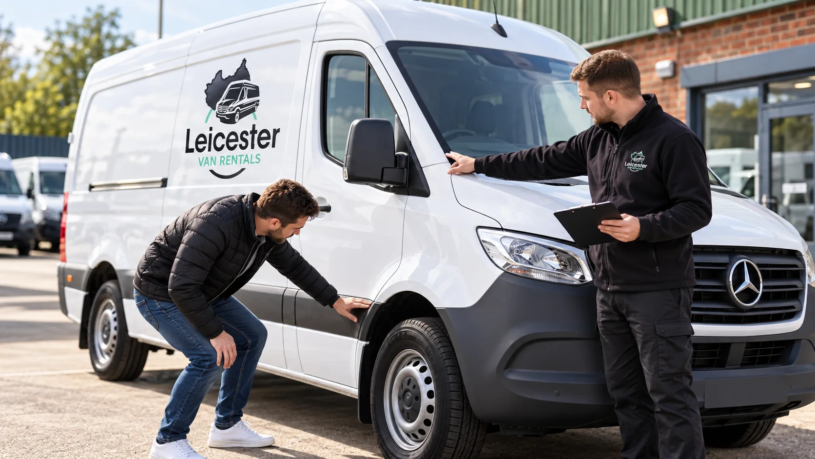 Customer and Leicester Van Rentals staff checking a van before self-drive hire.