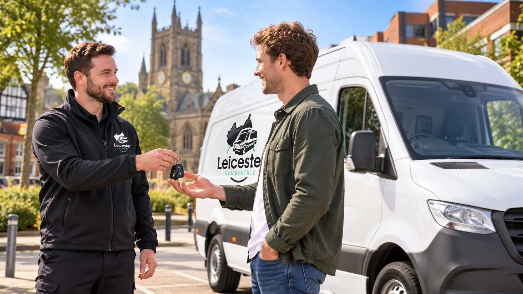 Customer collecting keys for a Leicester Van Rentals self-drive van in Leicester.