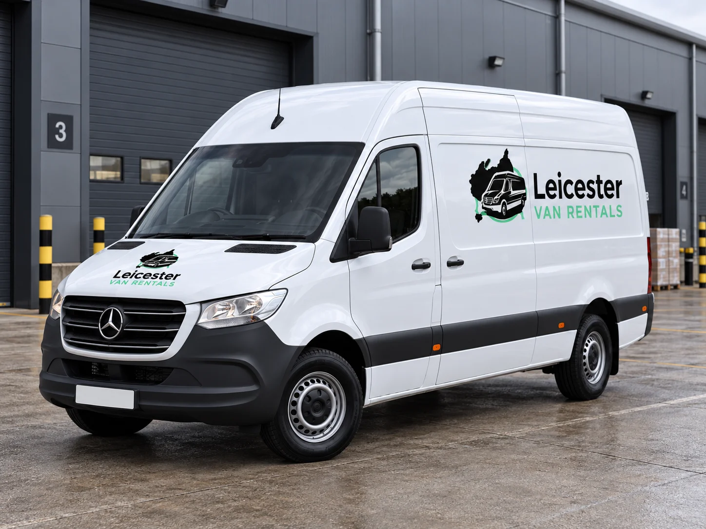 Self-drive medium van from Leicester Van Rentals parked outside modern commercial premises in Leicester.