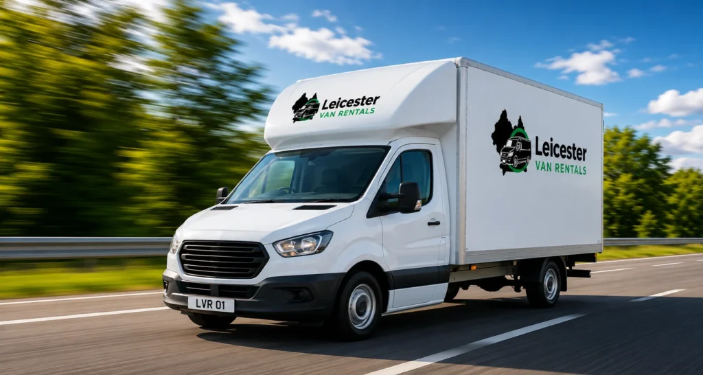 Self-drive Luton box van travelling on a UK road, available for hire in Leicester for home moves, furniture transport and business deliveries.