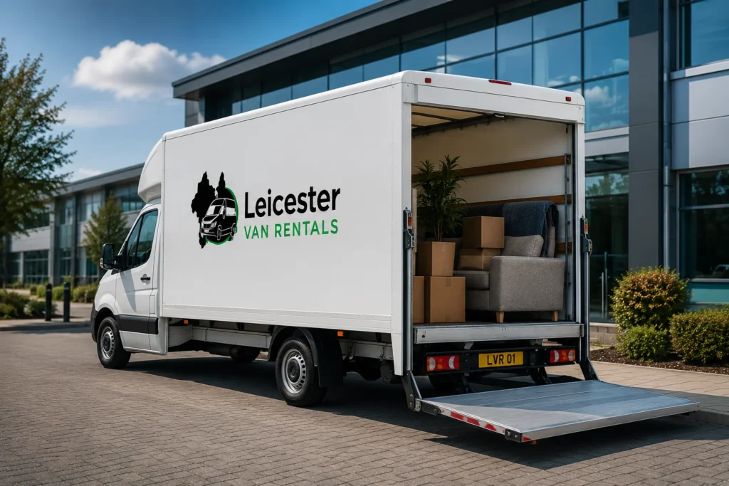 Self-drive Luton van with tail lift loaded with furniture and boxes, available for hire in Leicester for home moves, furniture transport and business use.
