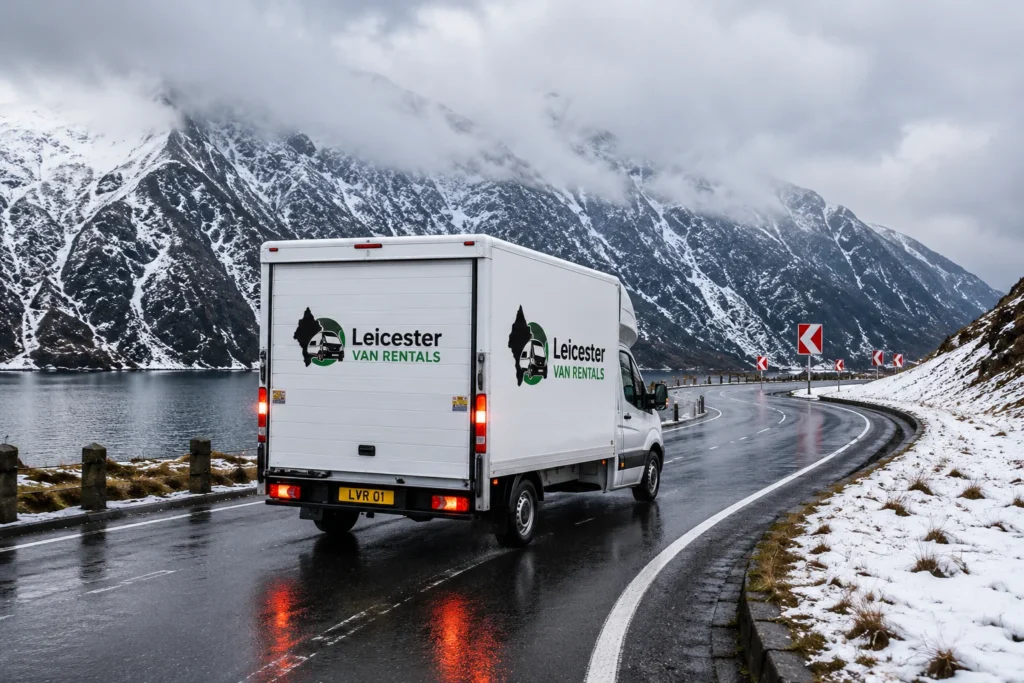 Self-drive Luton box van travelling on a long-distance UK road, available for hire in Leicester for home moves, furniture transport and nationwide business deliveries.