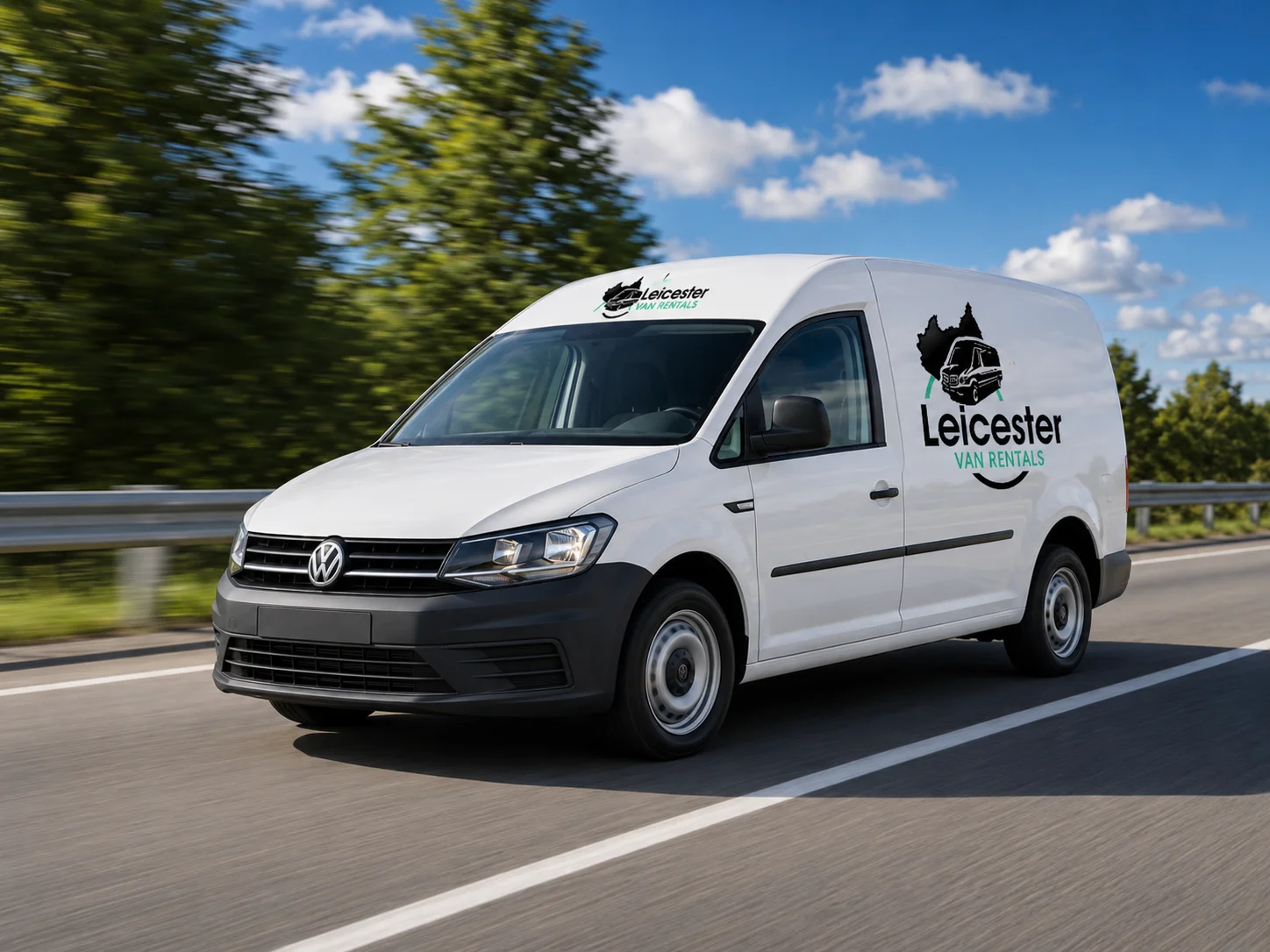 Leicester Van Rentals Small Van Road Hire Small white Leicester Van Rentals van driving on a road with trees and blue sky in the background.