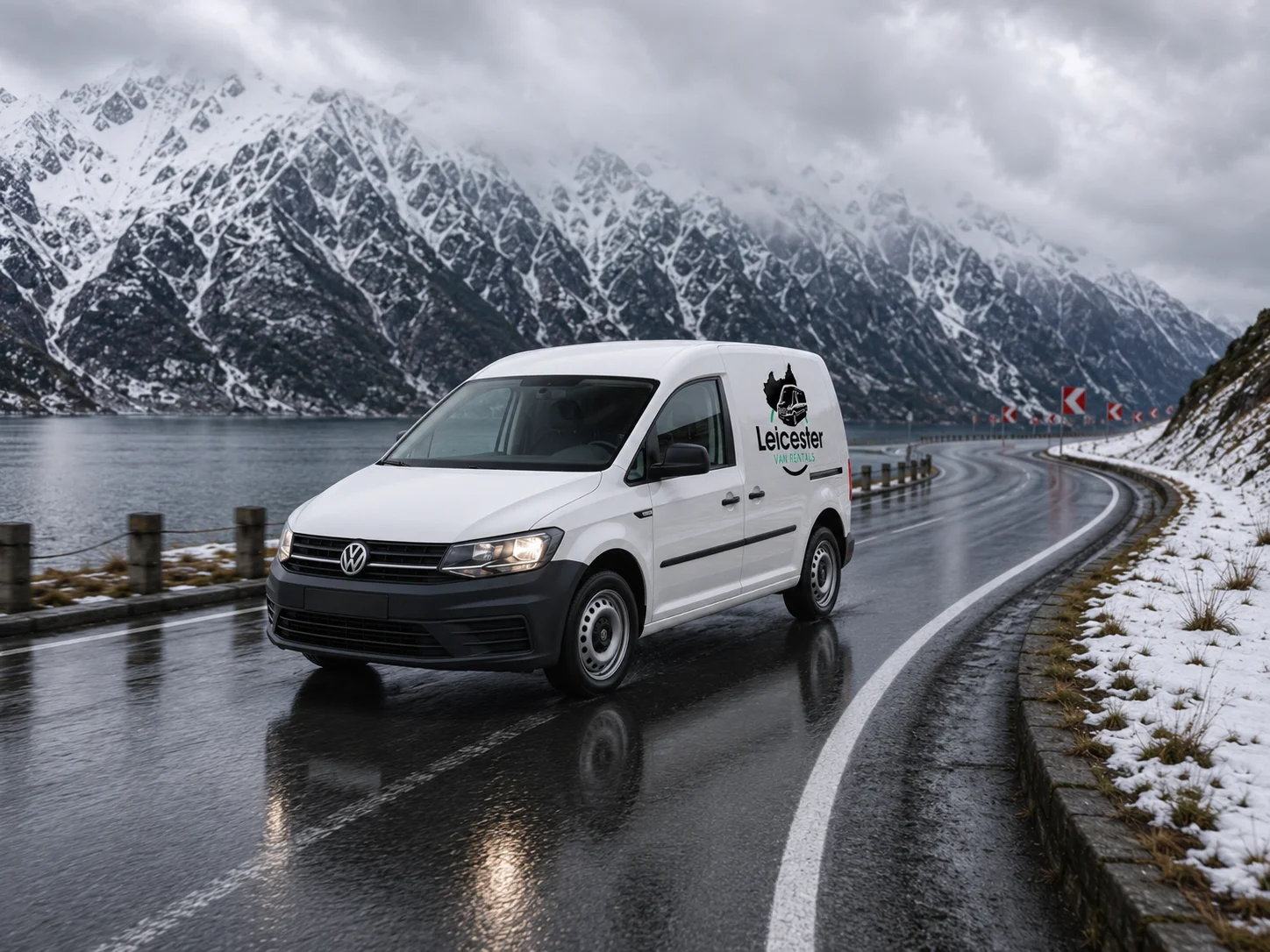 Leicester Van Rentals Small Van Winter Road Small white Leicester Van Rentals van driving on a wet mountain road with snow-covered mountains in the background.