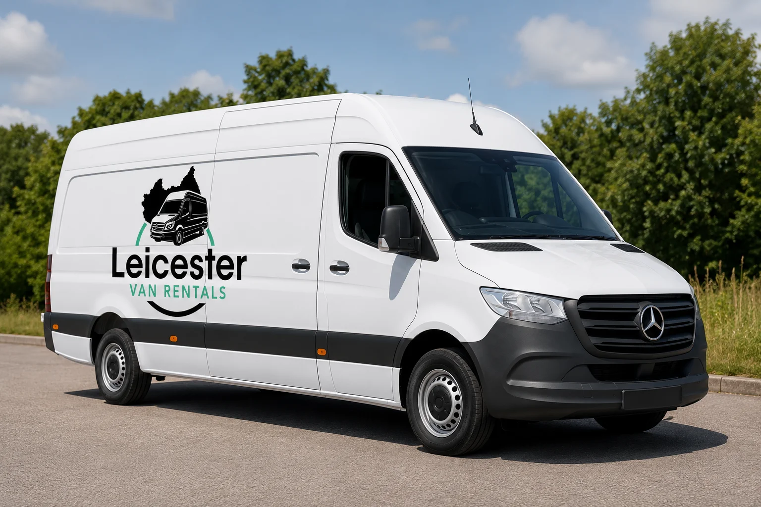 Medium panel van available for self-drive hire in Leicester with Leicester Van Rentals branding, ideal for home moves, furniture collections and business use.