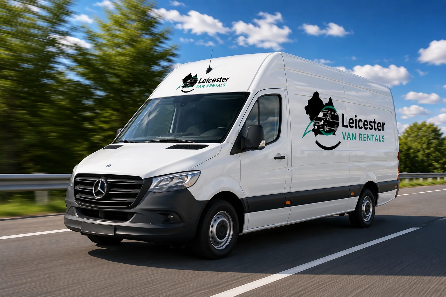 White Mercedes-Benz Sprinter medium panel van from Leicester Van Rentals driving on a motorway, available for self-drive hire in Leicester for personal and business customers.