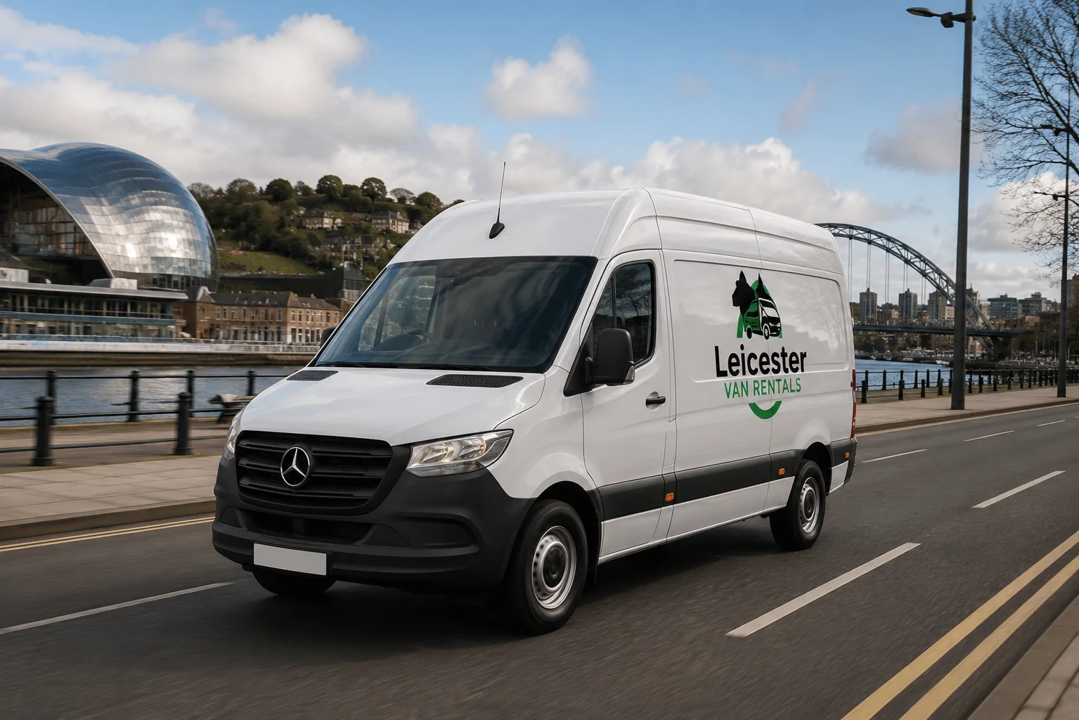White Mercedes-Benz Sprinter medium panel van from Leicester Van Rentals driving through a modern city, available for self-drive hire for personal and business customers.